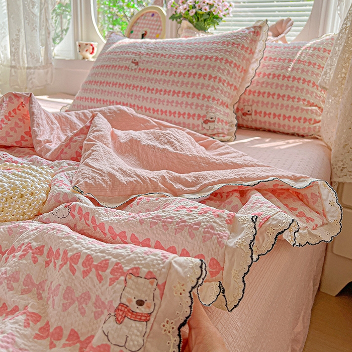 91家纺网 家纺一手货源 找家纺 一比一家纺 2026新款法式花边泡芙纱夏被四件套 幸运汪