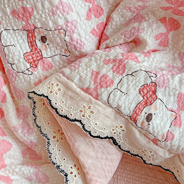 91家纺网 家纺一手货源 找家纺 一比一家纺 2026新款法式花边泡芙纱夏被四件套 幸运汪