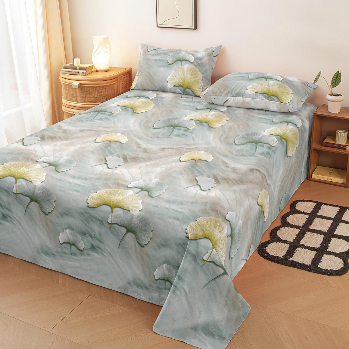 雨洋家纺 2026新款印花老粗布床单系列 银杏叶