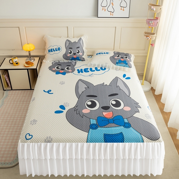 91家纺网 家纺一手货源 找家纺 赛丽雅 2026春夏新款大板卡通豆豆凉席席子空调软席三件套 灰萌小狼