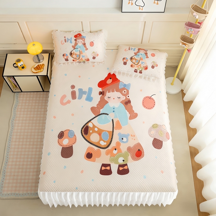 91家纺网 家纺一手货源 找家纺 赛丽雅 2026春夏新款大板卡通豆豆凉席席子空调软席三件套 蘑菇少女