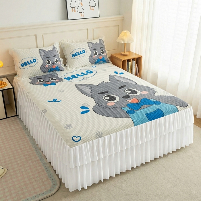 91家纺网 家纺一手货源 找家纺 赛丽雅 2026春夏新款大板卡通豆豆凉席席子空调软席三件套 灰萌小狼