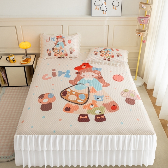 91家纺网 家纺一手货源 找家纺 赛丽雅 2026春夏新款大板卡通豆豆凉席席子空调软席三件套 蘑菇少女