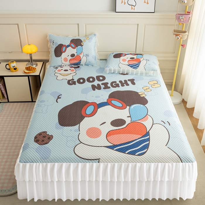 91家纺网 家纺一手货源 找家纺 赛丽雅 2026春夏新款大板卡通豆豆凉席席子空调软席三件套 晚安狗宝