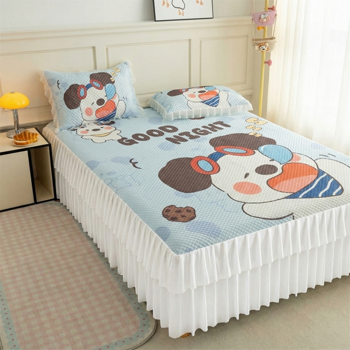 91家纺网 家纺一手货源 找家纺 赛丽雅 2026春夏新款大板卡通豆豆凉席席子空调软席三件套 晚安狗宝