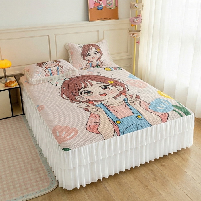 91家纺网 家纺一手货源 找家纺 赛丽雅 2026春夏新款大板卡通豆豆凉席席子空调软席三件套 元气女孩