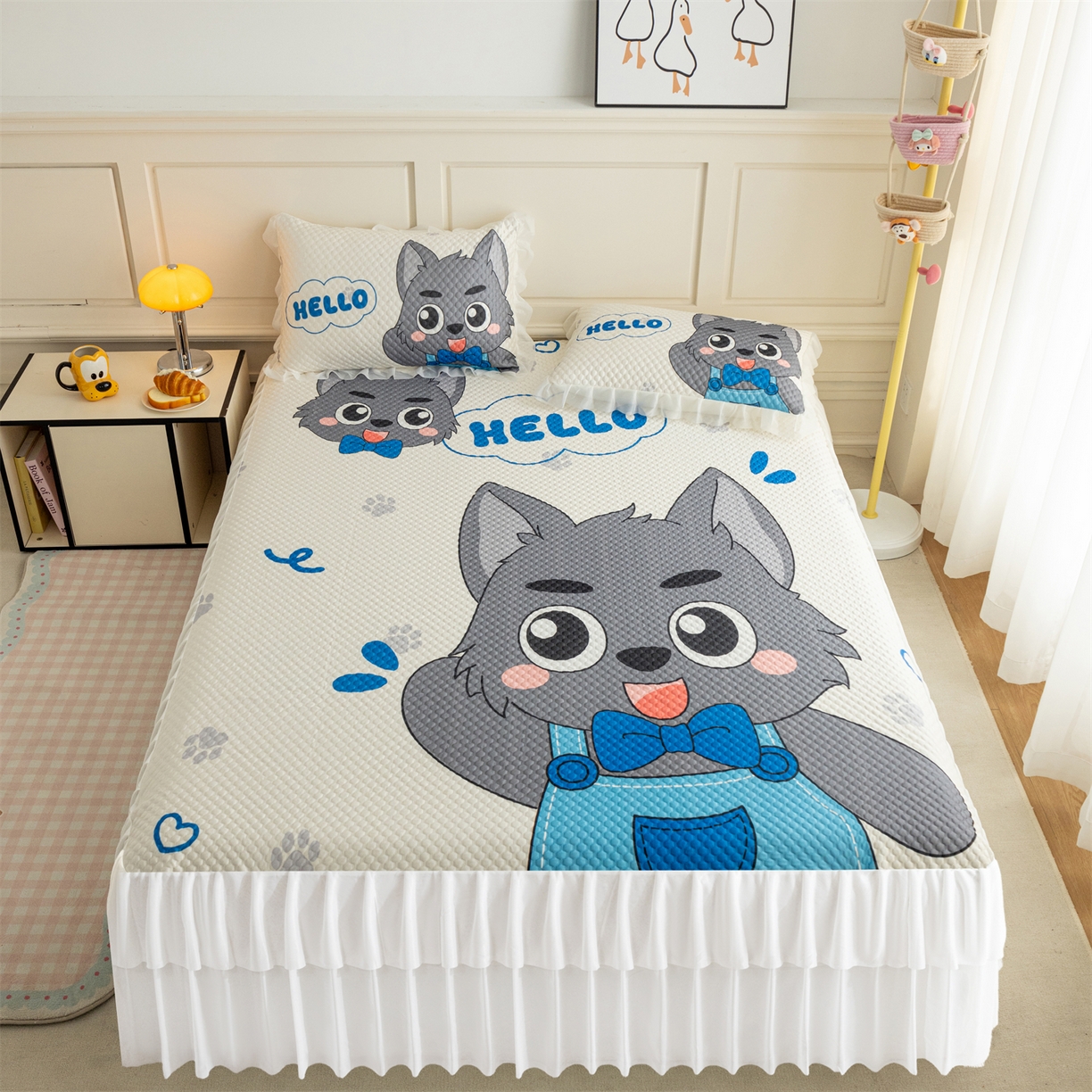 赛丽雅 2026春夏新款大板卡通豆豆凉席席子空调软席三件套 灰萌小狼