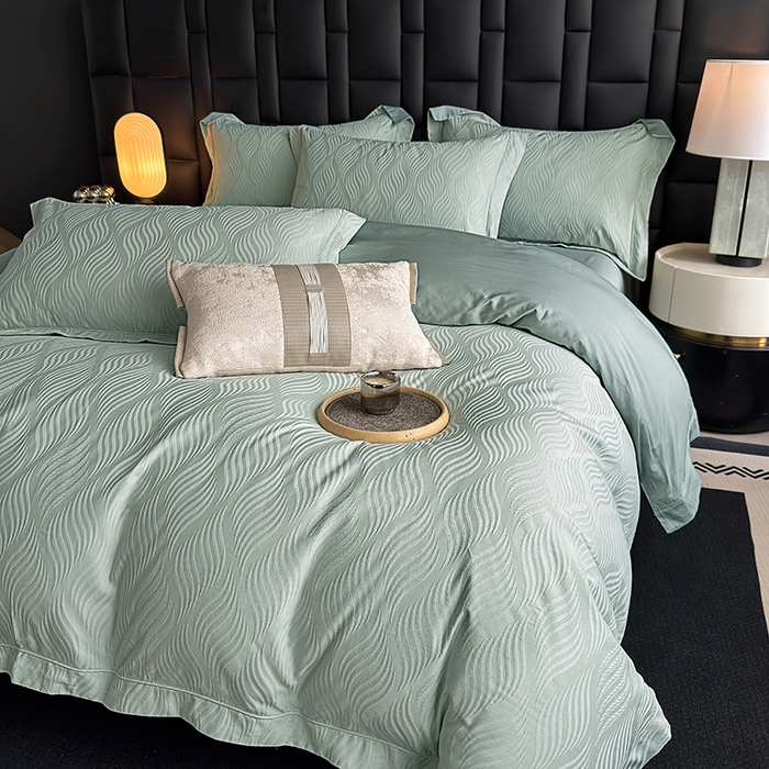 91家纺网 家纺一手货源 找家纺 宏羽纺家纺 2026新款100S长绒棉浮雕提花居家四件套 麦奢-喜绿