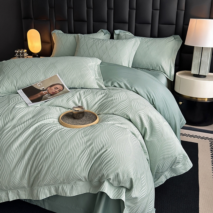 91家纺网 家纺一手货源 找家纺 宏羽纺家纺 2026新款100S长绒棉浮雕提花居家四件套 麦奢-喜绿