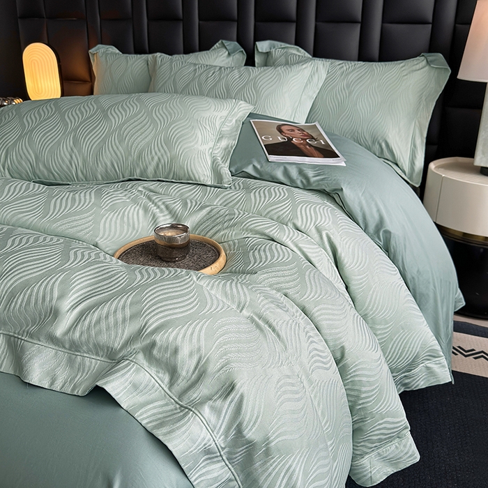 91家纺网 家纺一手货源 找家纺 宏羽纺家纺 2026新款100S长绒棉浮雕提花居家四件套 麦奢-喜绿