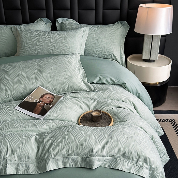 91家纺网 家纺一手货源 找家纺 宏羽纺家纺 2026新款100S长绒棉浮雕提花居家四件套 麦奢-喜绿