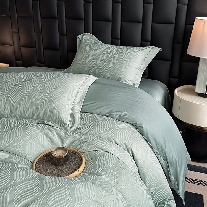 91家纺网 家纺一手货源 找家纺 宏羽纺家纺 2026新款100S长绒棉浮雕提花居家四件套 麦奢-喜绿