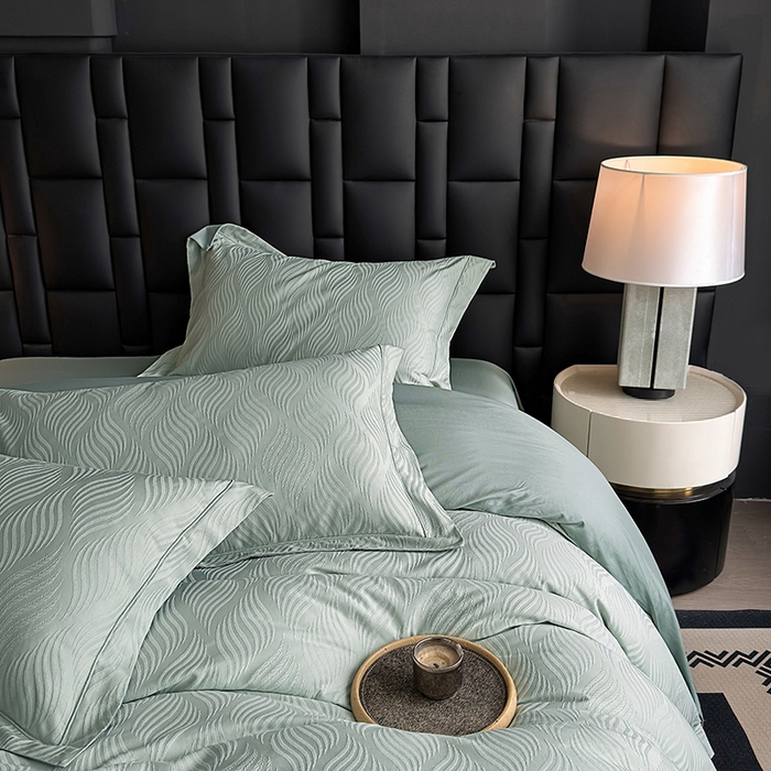 91家纺网 家纺一手货源 找家纺 宏羽纺家纺 2026新款100S长绒棉浮雕提花居家四件套 麦奢-喜绿