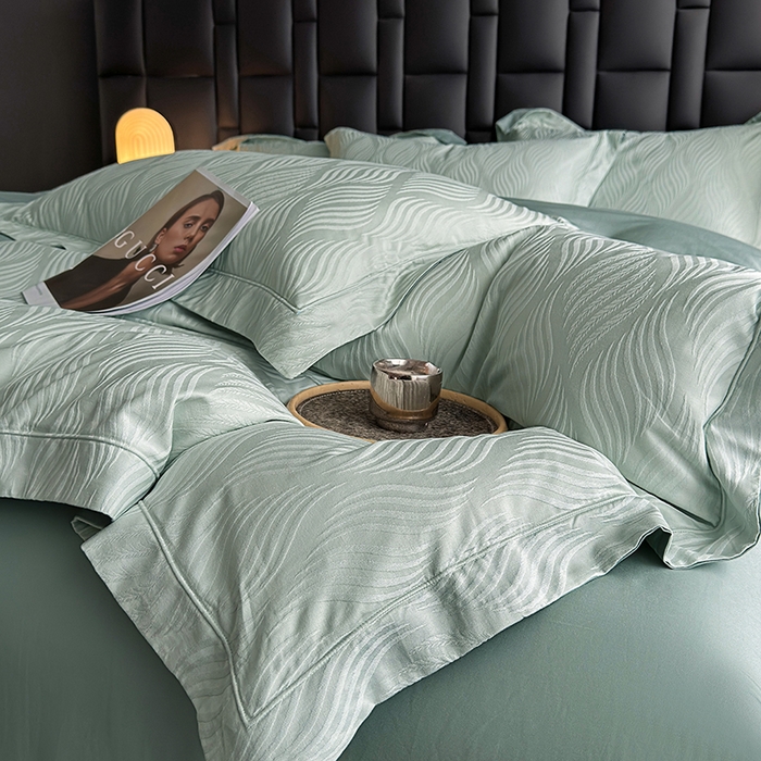 91家纺网 家纺一手货源 找家纺 宏羽纺家纺 2026新款100S长绒棉浮雕提花居家四件套 麦奢-喜绿