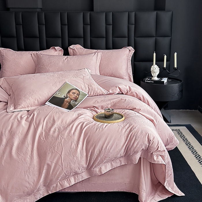 91家纺网 家纺一手货源 找家纺 宏羽纺家纺 2026新款100S长绒棉浮雕提花居家四件套 慕枝南下-豆沙