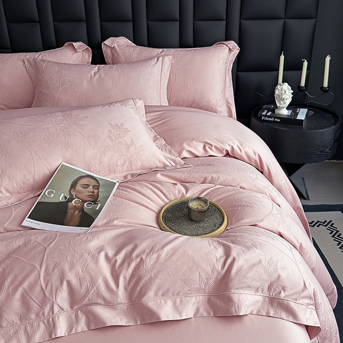 91家纺网 家纺一手货源 找家纺 宏羽纺家纺 2026新款100S长绒棉浮雕提花居家四件套 慕枝南下-豆沙