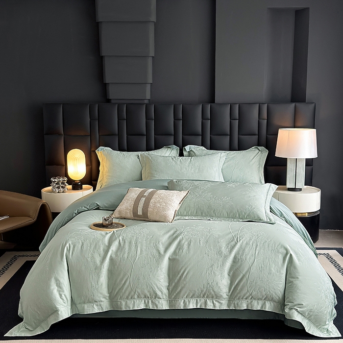 91家纺网 家纺一手货源 找家纺 宏羽纺家纺 2026新款100S长绒棉浮雕提花居家四件套 慕枝南下-喜绿