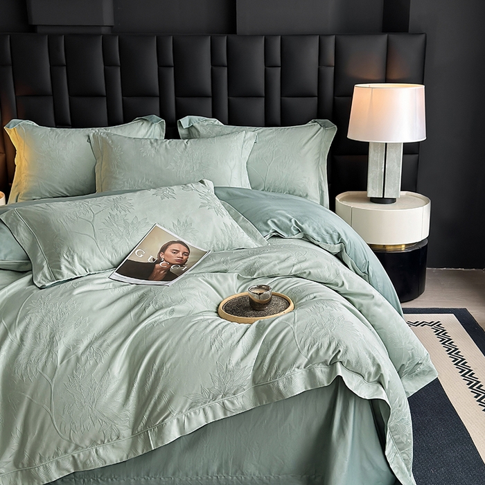 91家纺网 家纺一手货源 找家纺 宏羽纺家纺 2026新款100S长绒棉浮雕提花居家四件套 慕枝南下-喜绿