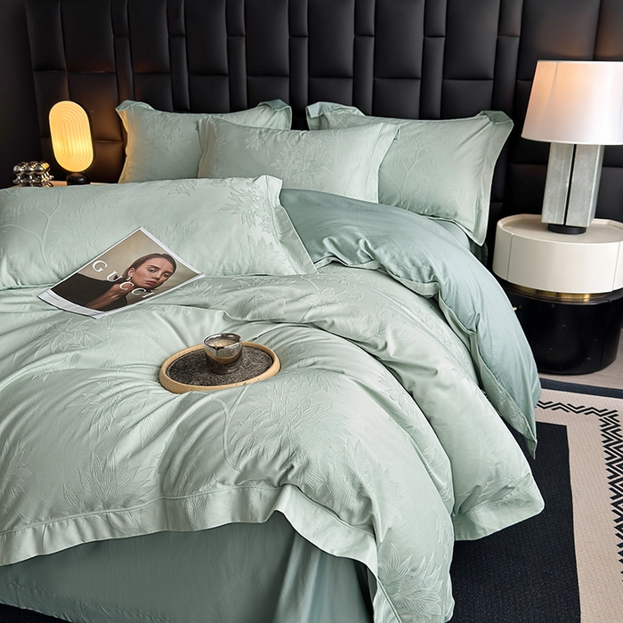 91家纺网 家纺一手货源 找家纺 宏羽纺家纺 2026新款100S长绒棉浮雕提花居家四件套 慕枝南下-喜绿