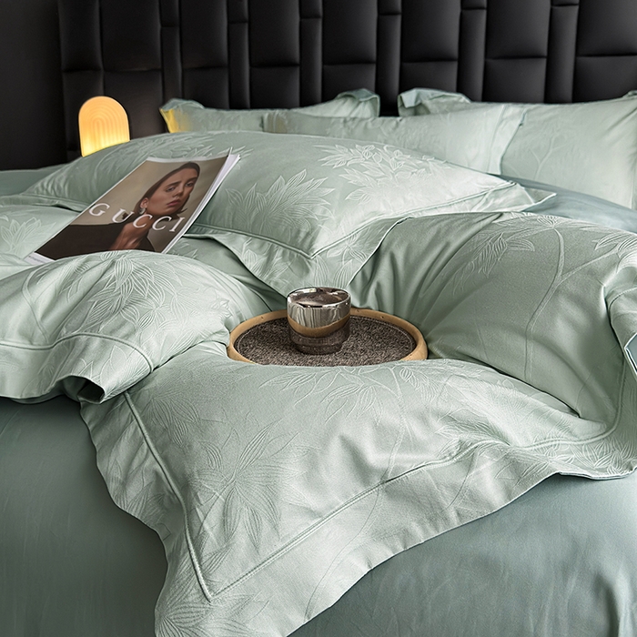 91家纺网 家纺一手货源 找家纺 宏羽纺家纺 2026新款100S长绒棉浮雕提花居家四件套 慕枝南下-喜绿