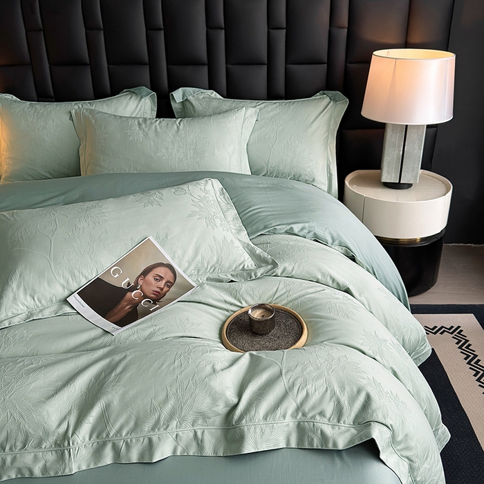 91家纺网 家纺一手货源 找家纺 宏羽纺家纺 2026新款100S长绒棉浮雕提花居家四件套 慕枝南下-喜绿