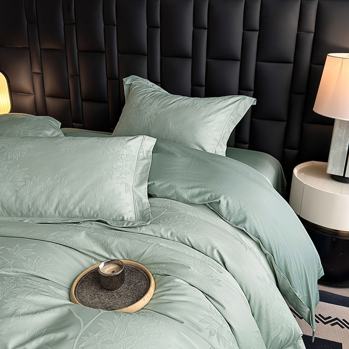 91家纺网 家纺一手货源 找家纺 宏羽纺家纺 2026新款100S长绒棉浮雕提花居家四件套 慕枝南下-喜绿