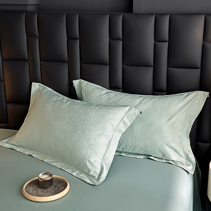 91家纺网 家纺一手货源 找家纺 宏羽纺家纺 2026新款100S长绒棉浮雕提花居家四件套 慕枝南下-喜绿