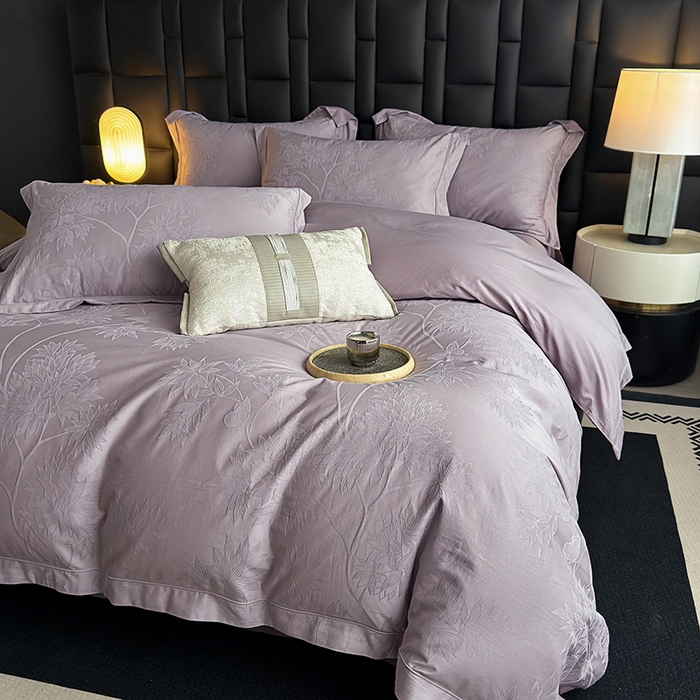 91家纺网 家纺一手货源 找家纺 宏羽纺家纺 2026新款100S长绒棉浮雕提花居家四件套 慕枝南下-香芋紫