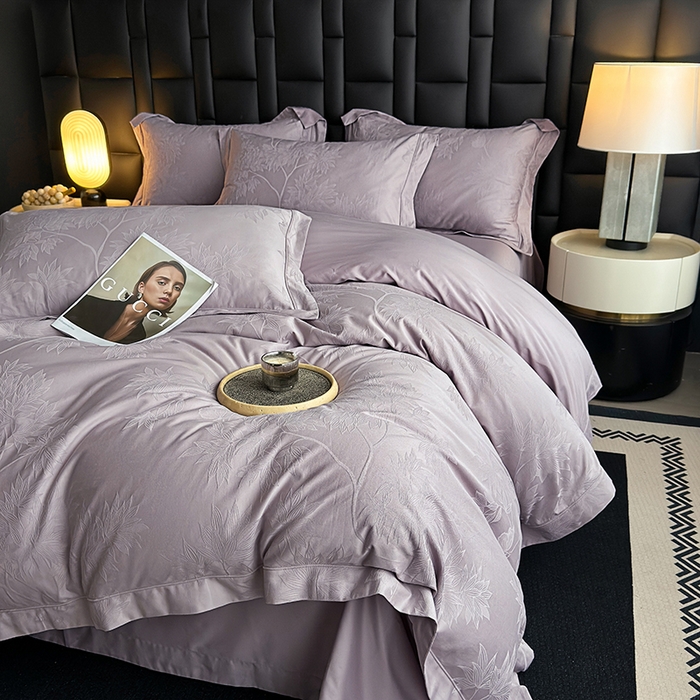 91家纺网 家纺一手货源 找家纺 宏羽纺家纺 2026新款100S长绒棉浮雕提花居家四件套 慕枝南下-香芋紫