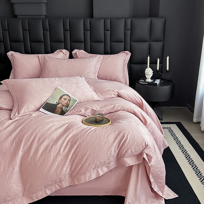 91家纺网 家纺一手货源 找家纺 宏羽纺家纺 2026新款100S长绒棉浮雕提花居家四件套 山间雾-豆沙