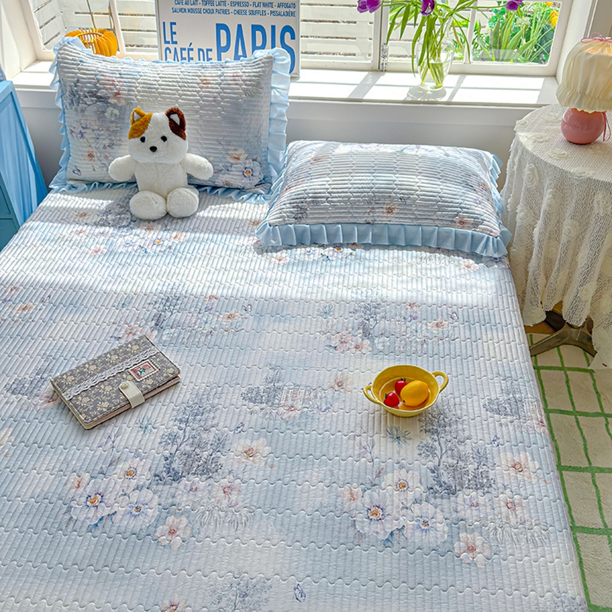 91家纺网 家纺一手货源 找家纺 （总）冬然家纺 2026新款锦氨凉感丝数码印花工艺云感纱花边凉席席子