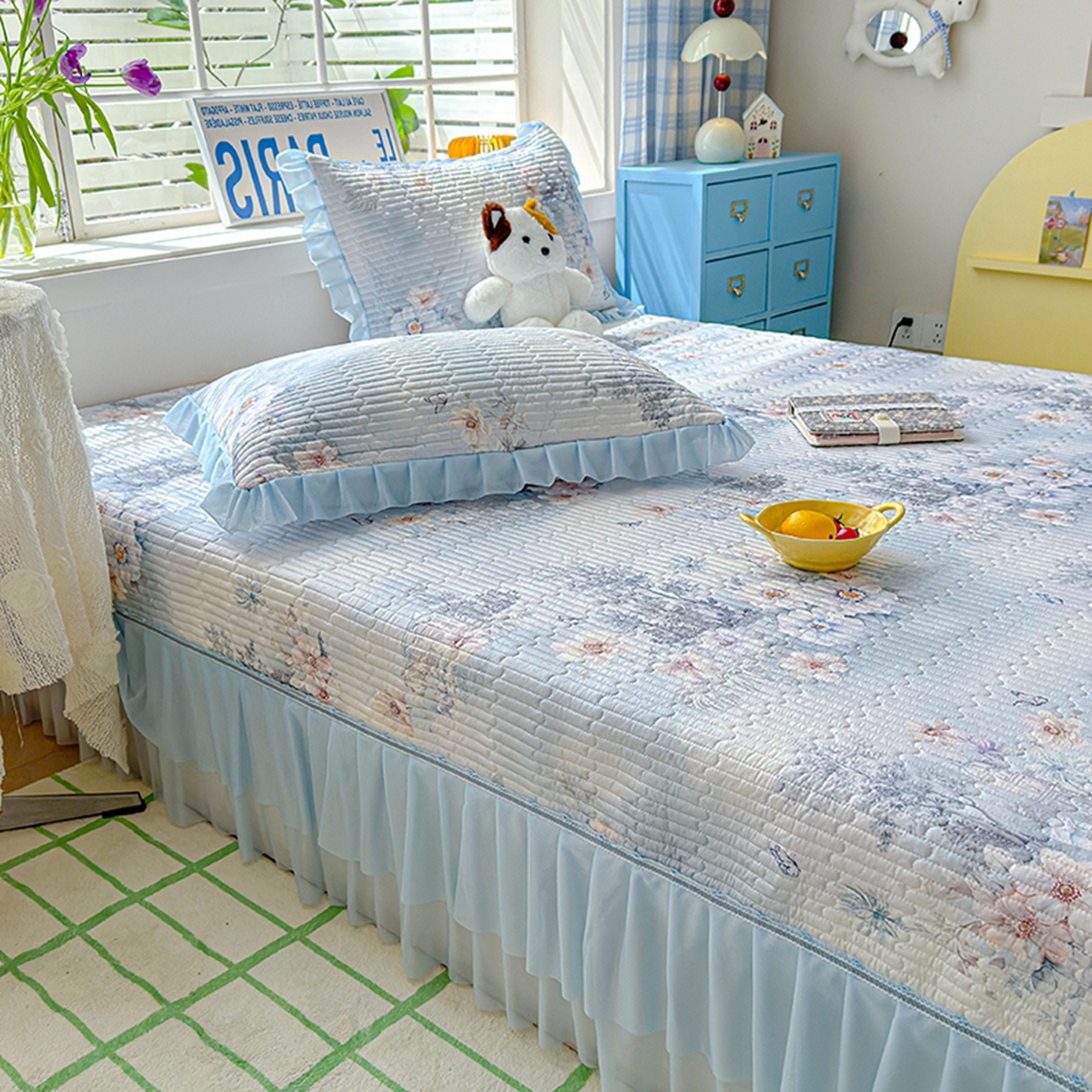 91家纺网 家纺一手货源 找家纺 冬然家纺 2026新款锦氨凉感丝数码印花工艺云感纱花边凉席席子 春风里蓝