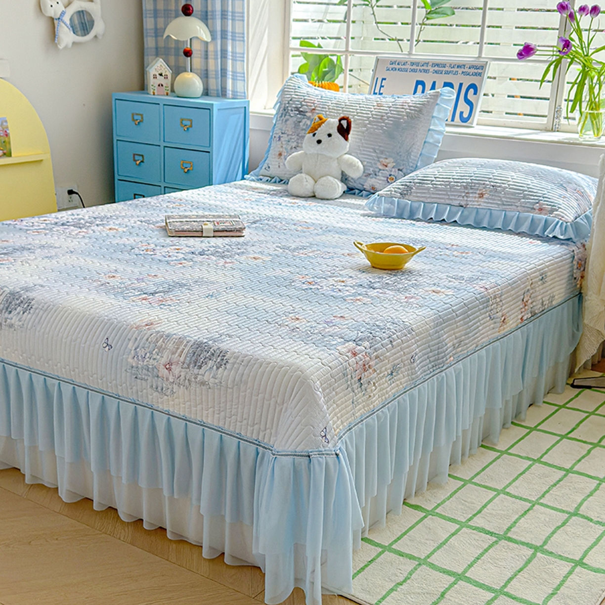 91家纺网 家纺一手货源 找家纺 冬然家纺 2026新款锦氨凉感丝数码印花工艺云感纱花边凉席席子 春风里蓝