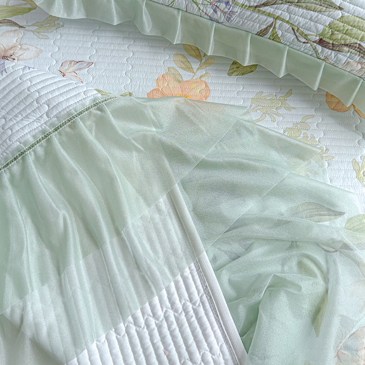 91家纺网 家纺一手货源 找家纺 冬然家纺 2026新款锦氨凉感丝数码印花工艺云感纱花边凉席席子 花溪