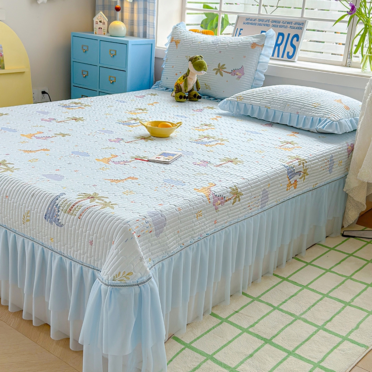 91家纺网 家纺一手货源 找家纺 冬然家纺 2026新款锦氨凉感丝数码印花工艺云感纱花边凉席席子 恐龙乐园