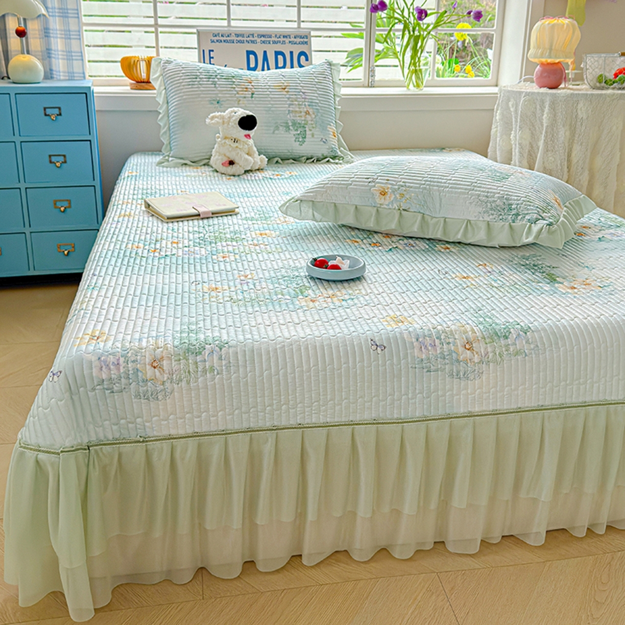 91家纺网 家纺一手货源 找家纺 冬然家纺 2026新款锦氨凉感丝数码印花工艺云感纱花边凉席席子 春风里绿