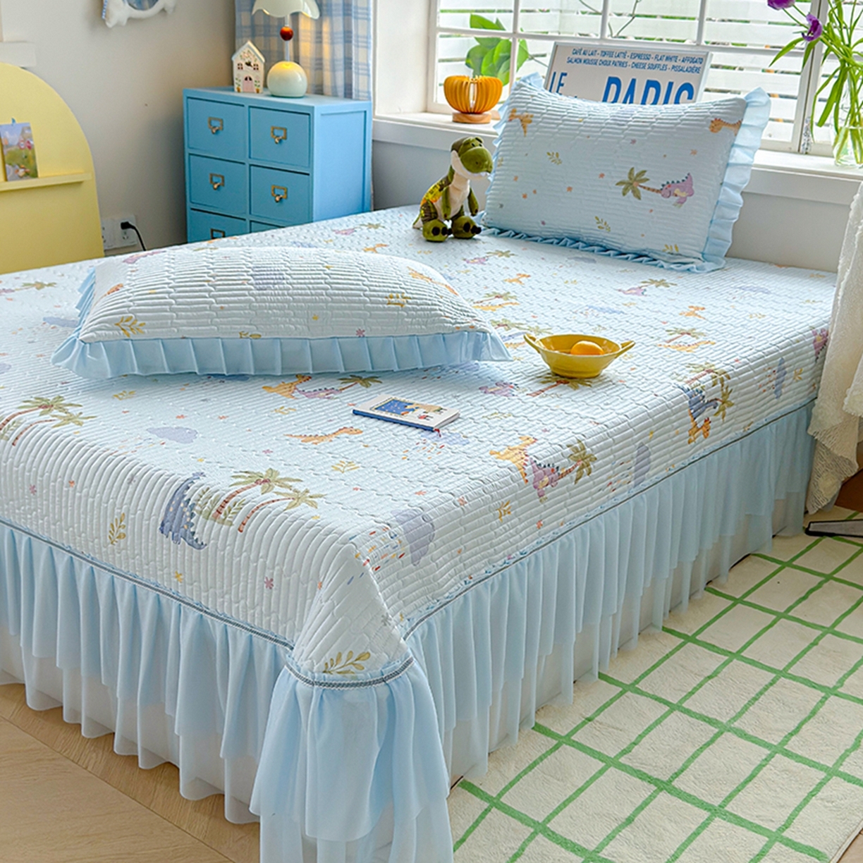 91家纺网 家纺一手货源 找家纺 冬然家纺 2026新款锦氨凉感丝数码印花工艺云感纱花边凉席席子 恐龙乐园