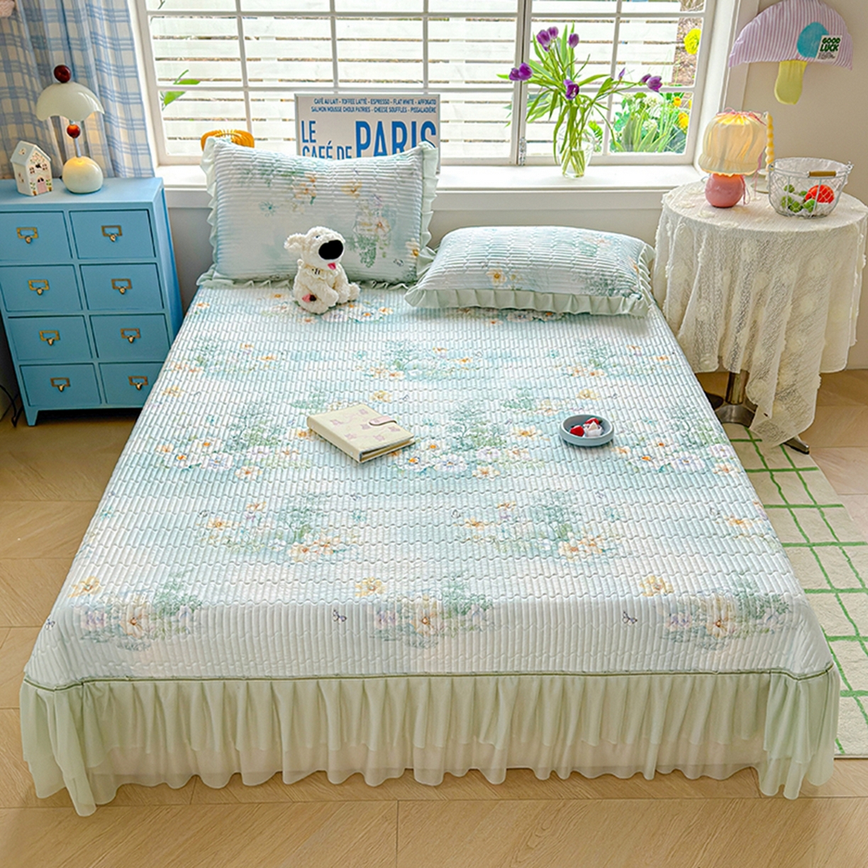 冬然家纺 2026新款锦氨凉感丝数码印花工艺云感纱花边凉席席子 春风里绿