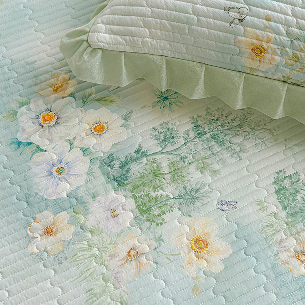 91家纺网 家纺一手货源 找家纺 冬然家纺 2026新款锦氨凉感丝数码印花工艺云感纱花边凉席席子 春风里绿