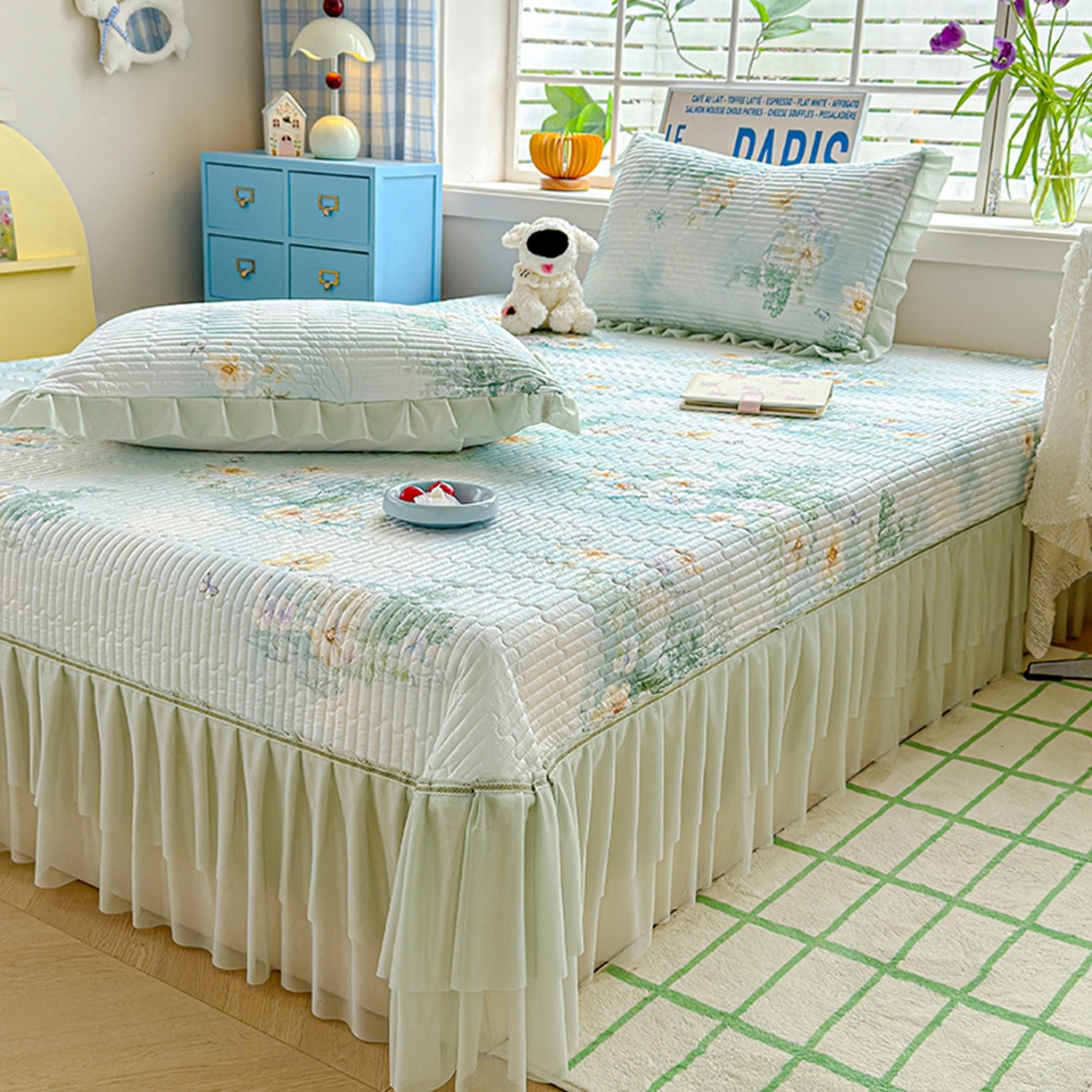 91家纺网 家纺一手货源 找家纺 冬然家纺 2026新款锦氨凉感丝数码印花工艺云感纱花边凉席席子 春风里绿