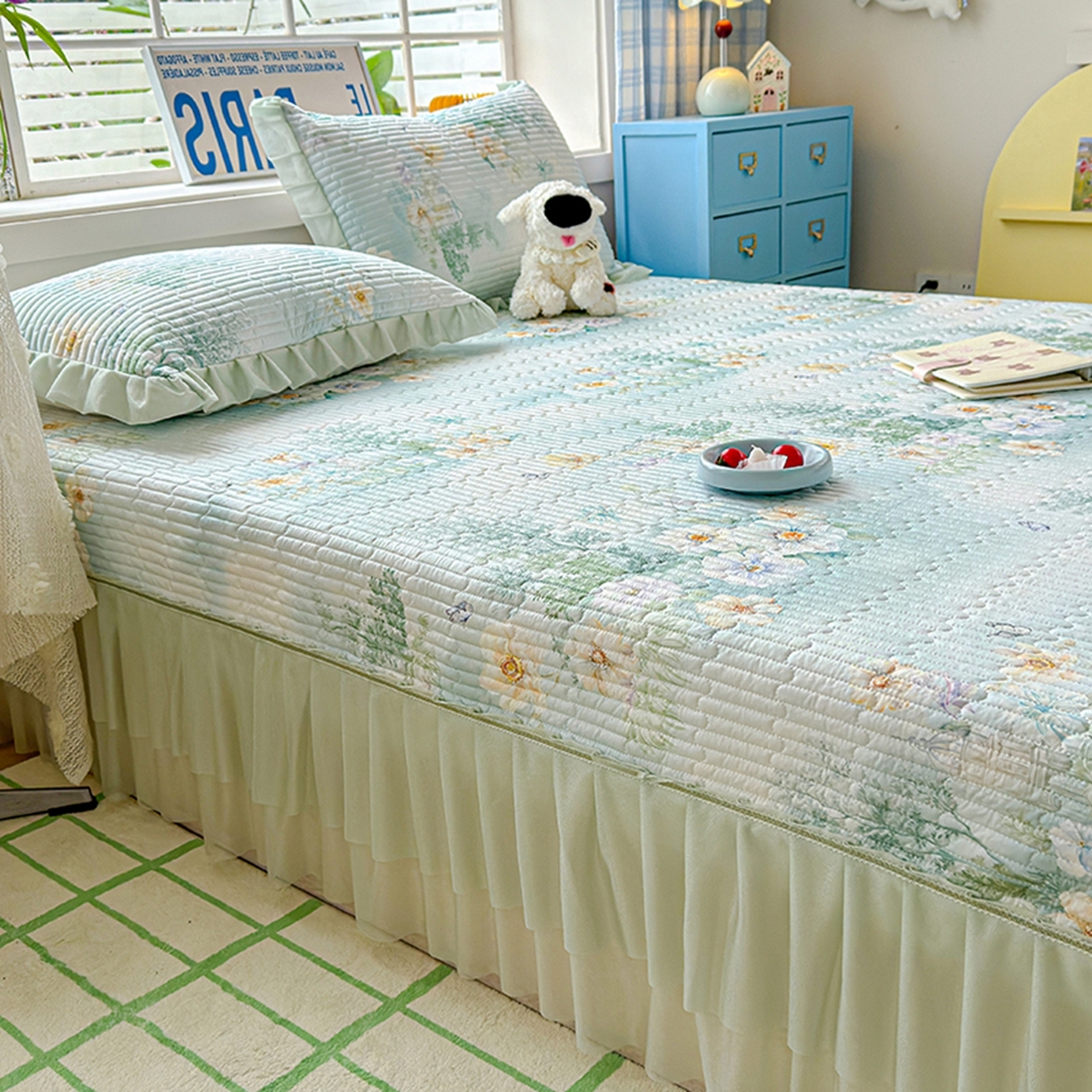 91家纺网 家纺一手货源 找家纺 冬然家纺 2026新款锦氨凉感丝数码印花工艺云感纱花边凉席席子 春风里绿