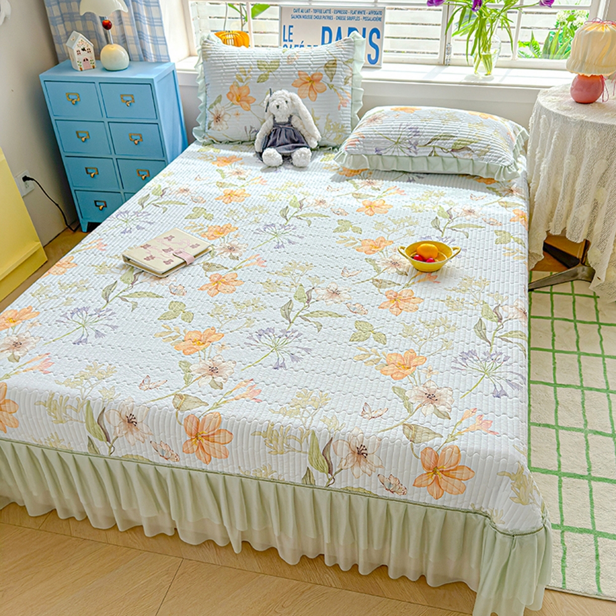 91家纺网 家纺一手货源 找家纺 冬然家纺 2026新款锦氨凉感丝数码印花工艺云感纱花边凉席席子 花溪