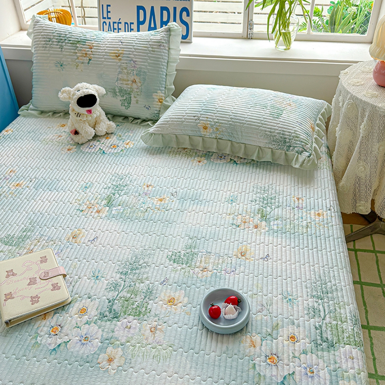 91家纺网 家纺一手货源 找家纺 冬然家纺 2026新款锦氨凉感丝数码印花工艺云感纱花边凉席席子 春风里绿