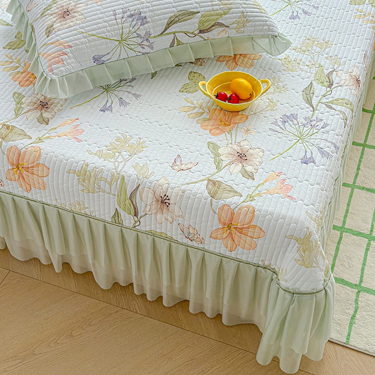 91家纺网 家纺一手货源 找家纺 冬然家纺 2026新款锦氨凉感丝数码印花工艺云感纱花边凉席席子 花溪