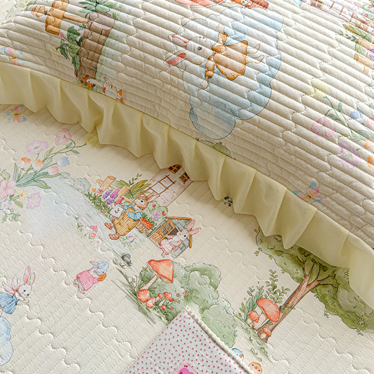 91家纺网 家纺一手货源 找家纺 冬然家纺 2026新款锦氨凉感丝数码印花工艺云感纱花边凉席席子 萌宠乐园