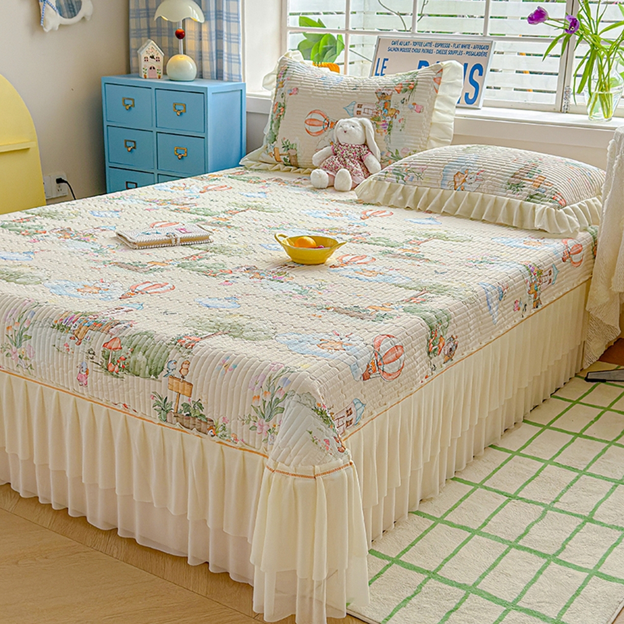 91家纺网 家纺一手货源 找家纺 冬然家纺 2026新款锦氨凉感丝数码印花工艺云感纱花边凉席席子 萌宠乐园