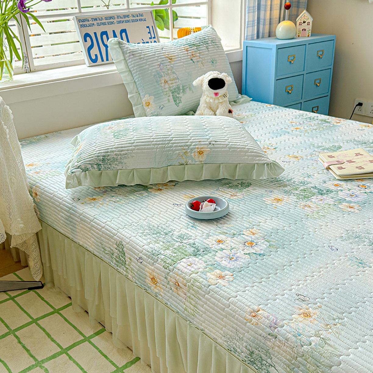 91家纺网 家纺一手货源 找家纺 冬然家纺 2026新款锦氨凉感丝数码印花工艺云感纱花边凉席席子 春风里绿