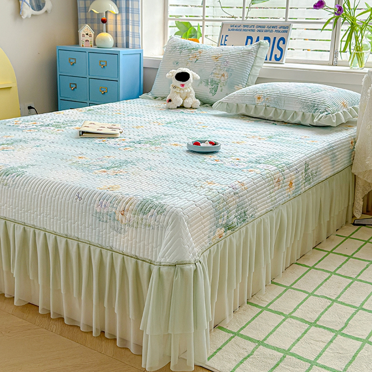 91家纺网 家纺一手货源 找家纺 冬然家纺 2026新款锦氨凉感丝数码印花工艺云感纱花边凉席席子 春风里绿