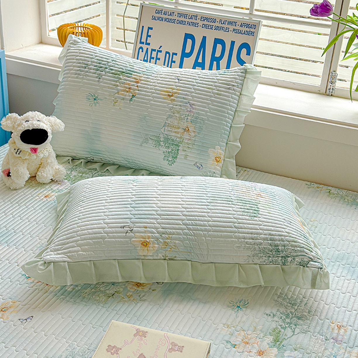 91家纺网 家纺一手货源 找家纺 冬然家纺 2026新款锦氨凉感丝数码印花工艺云感纱花边凉席席子 春风里绿