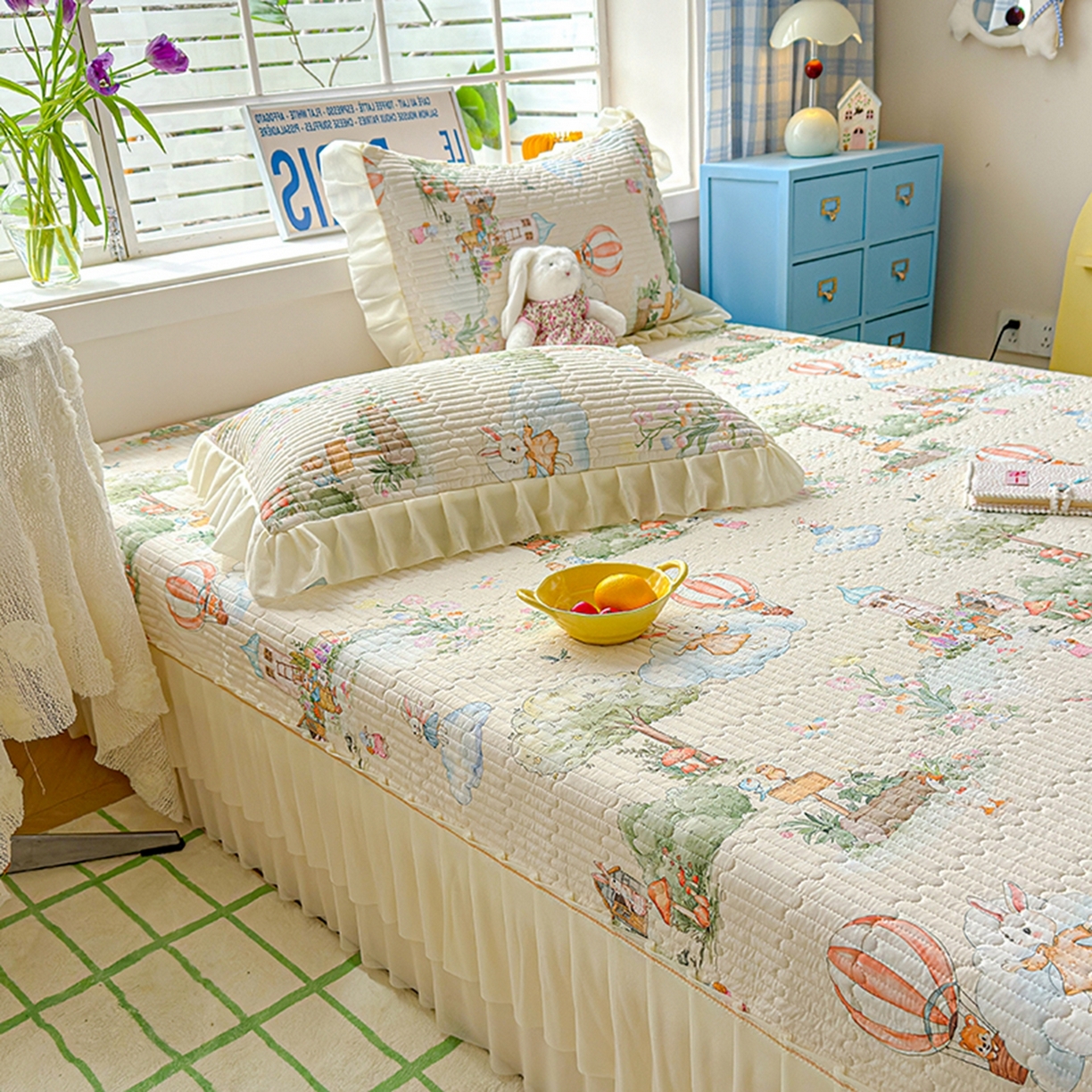 91家纺网 家纺一手货源 找家纺 冬然家纺 2026新款锦氨凉感丝数码印花工艺云感纱花边凉席席子 萌宠乐园